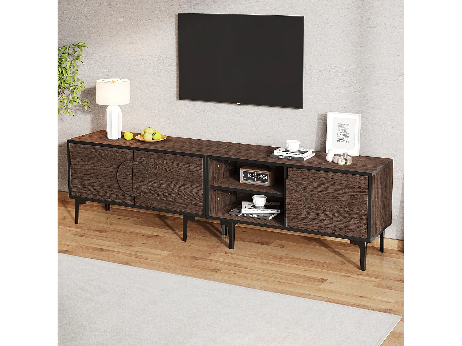 Meuble TV 180x35x49 cm - avec 3 portes - Étagères ouvertes - Panneaux de particules - Marron