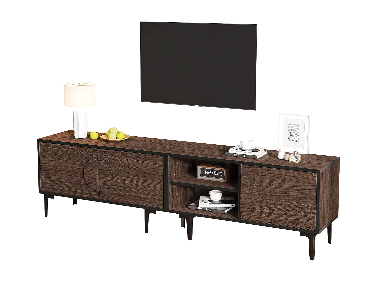 Meuble TV 180x35x49 cm - avec 3 portes - Étagères ouvertes - Panneaux de particules - Marron