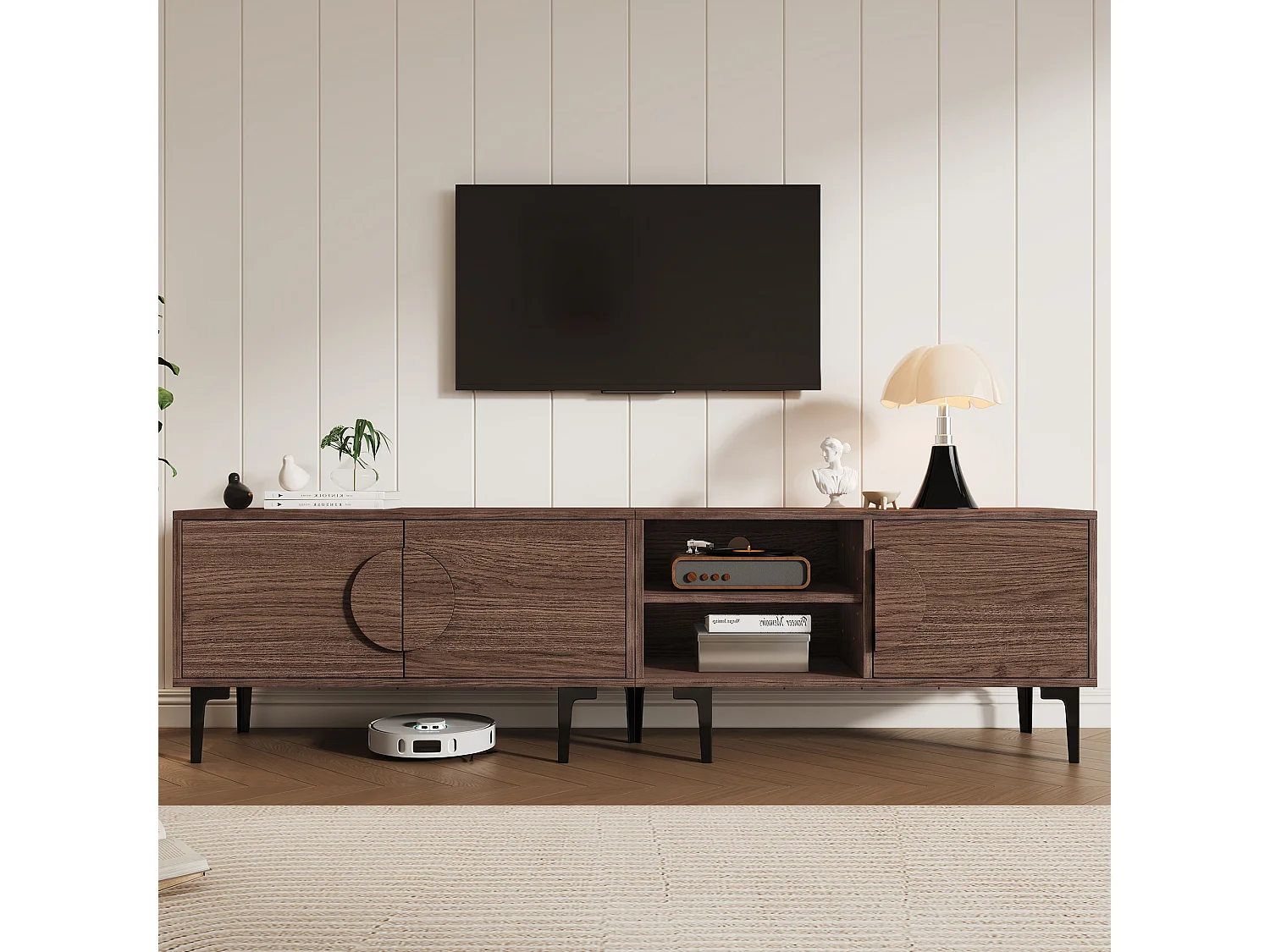 Meuble TV 180x35x49 cm - avec 3 portes - Étagères ouvertes - Panneaux de particules - Marron