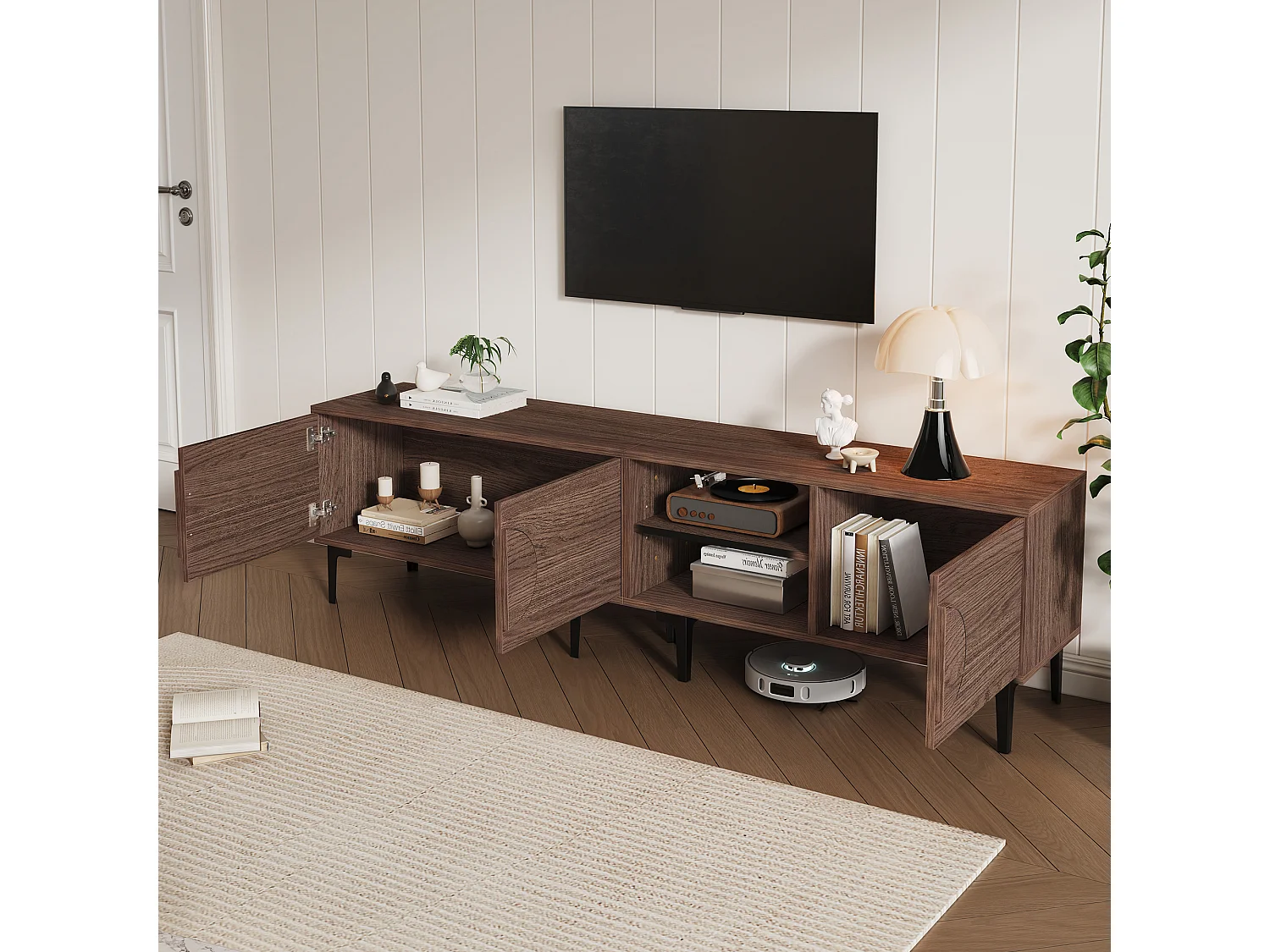 Meuble TV 180x35x49 cm - avec 3 portes - Étagères ouvertes - Panneaux de particules - Marron