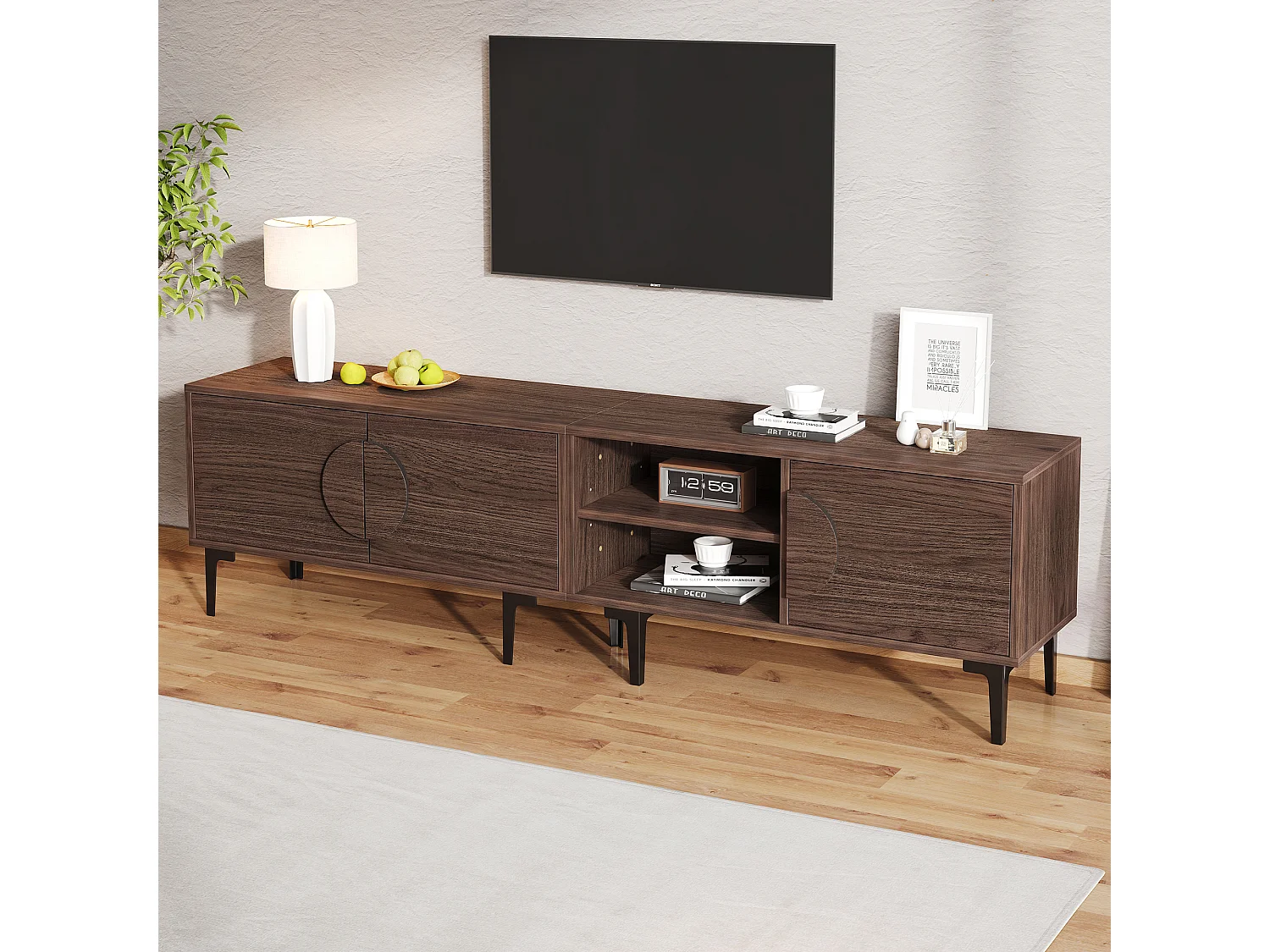 Meuble TV 180x35x49 cm - avec 3 portes - Étagères ouvertes - Panneaux de particules - Marron