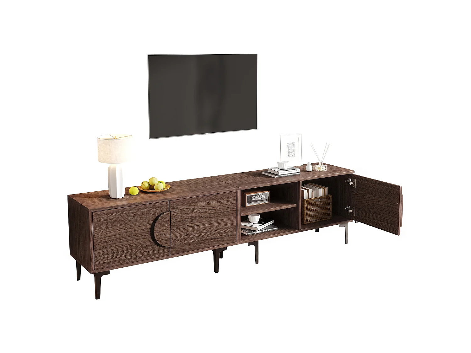 Meuble TV 180x35x49 cm - avec 3 portes - Étagères ouvertes - Panneaux de particules - Marron