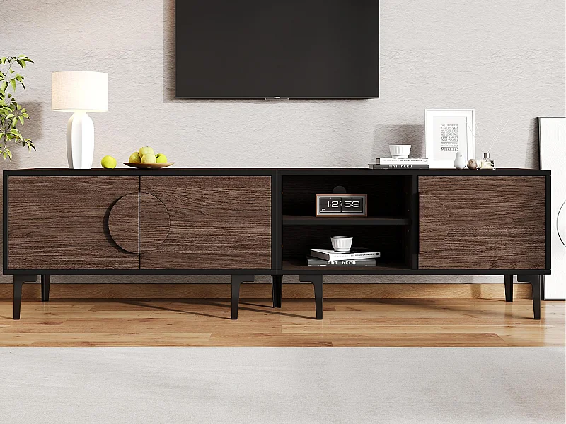 Meuble TV 180x35x49 cm - avec 3 portes - Étagères ouvertes - Panneaux de particules - Marron