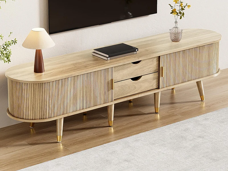 TV-Schrank 175x38x45 cm - 2 Schiebetüren aus Rattan - 2 Schubladen - Natur