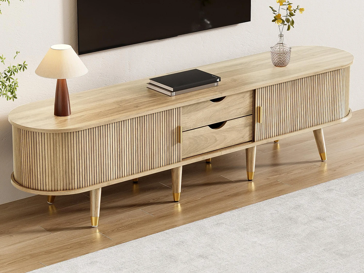 Mueble para TV 175x38x45 cm - 2 puertas correderas de ratán - 2 cajones - Natural