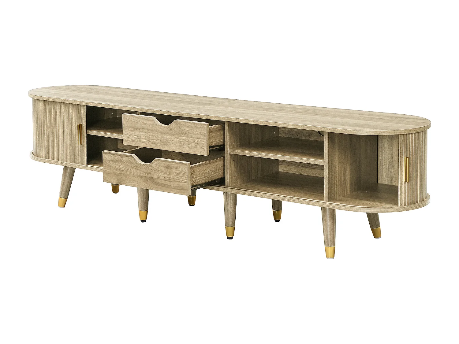 Meuble TV 175x38x45 cm - 2 portes coulissantes en rotin - 2 tiroirs - Naturel