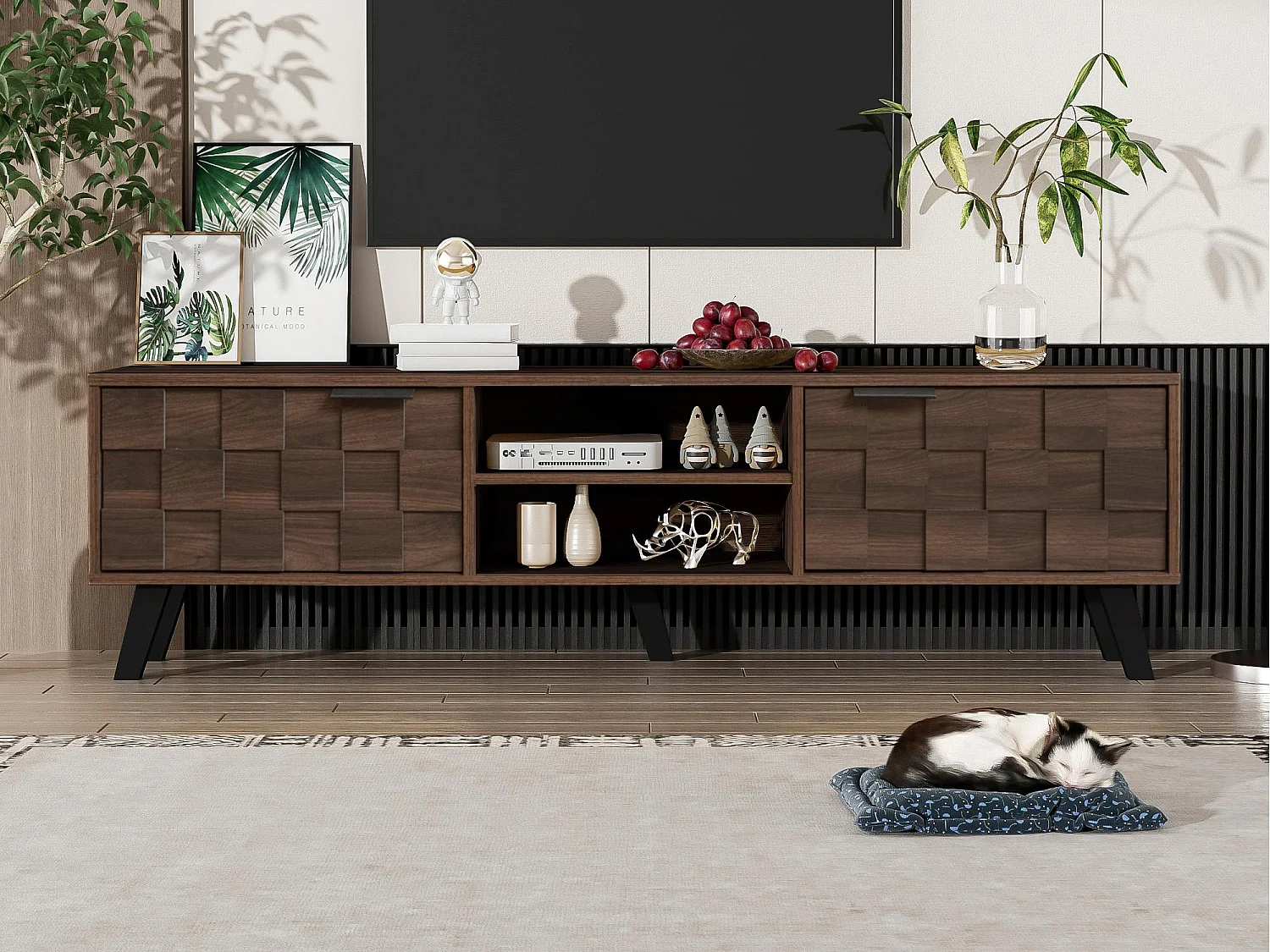 Meuble TV moderne - avec 2 portes et 2 compartiments ouverts - Marron