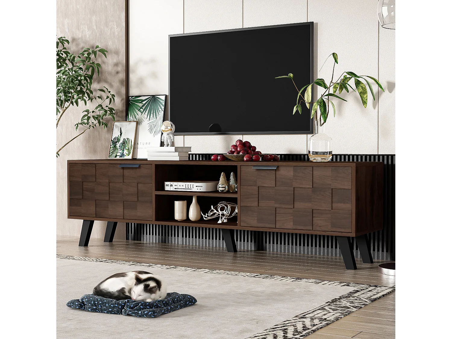 Meuble TV moderne - avec 2 portes et 2 compartiments ouverts - Marron