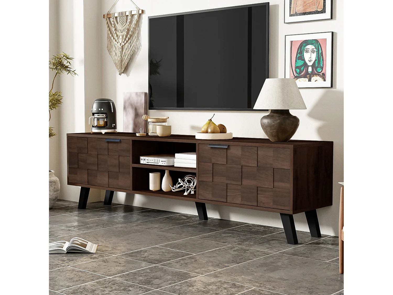 Meuble TV moderne - avec 2 portes et 2 compartiments ouverts - Marron