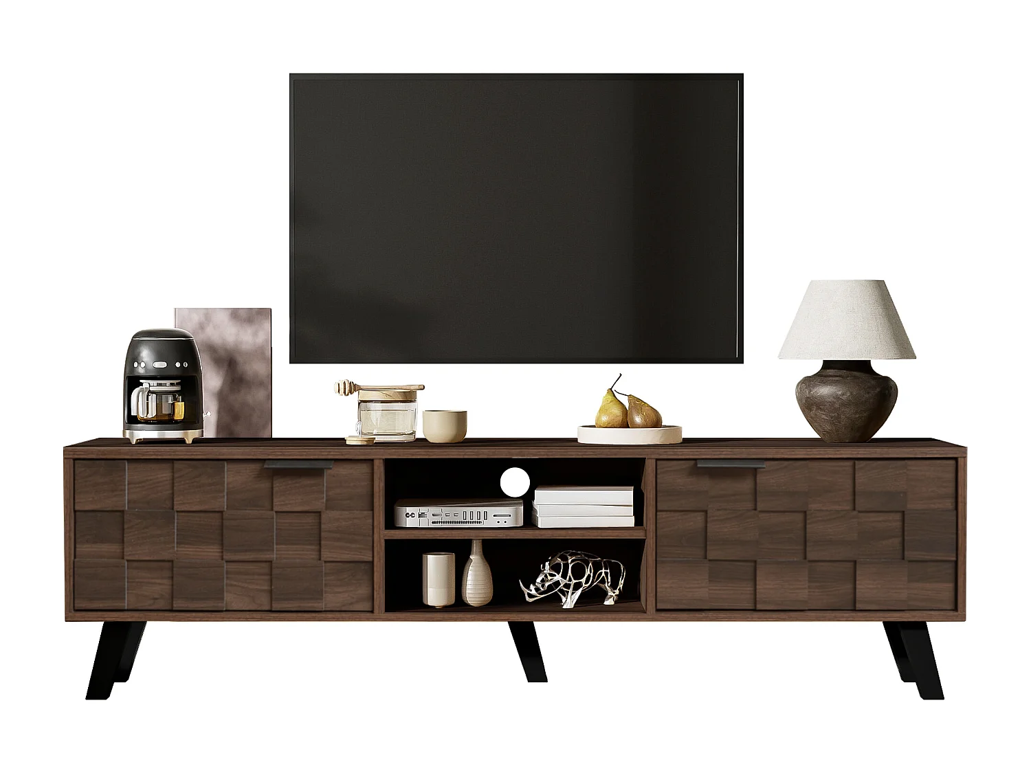 Meuble TV moderne - avec 2 portes et 2 compartiments ouverts - Marron