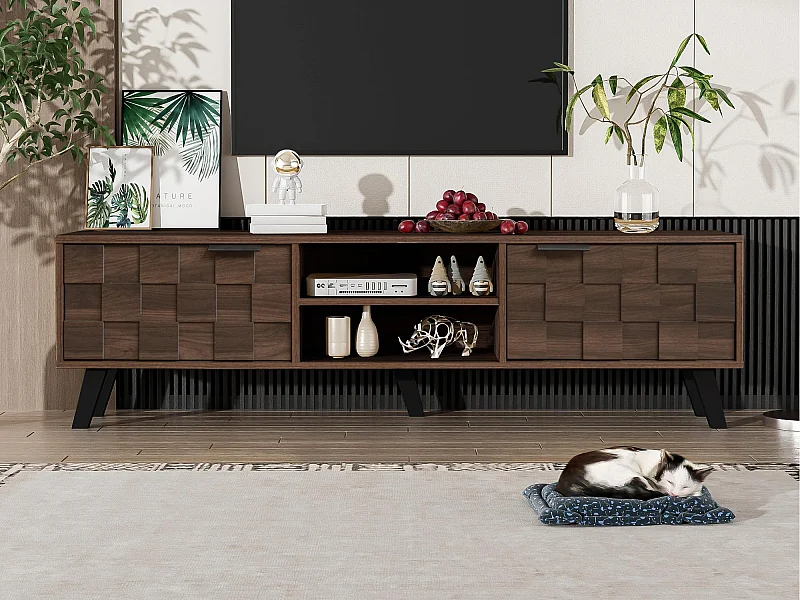 Meuble TV moderne - avec 2 portes et 2 compartiments ouverts - Marron