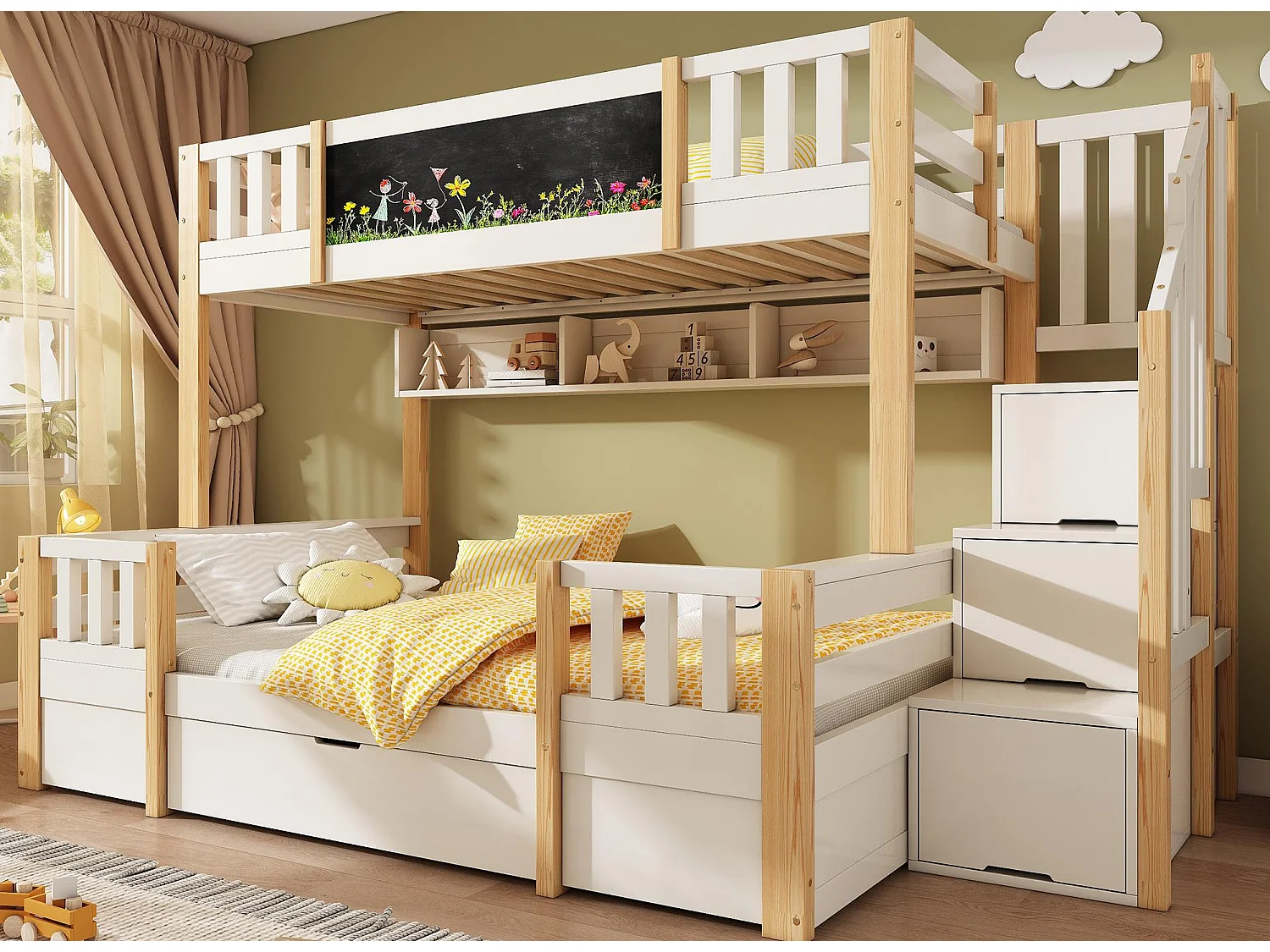 Etagenbett 90x200cm + 140x200cm - mit Tafel - mit 1 Schublade und einer Treppe mit Stauraum - Massivholz + MDF - Weiß + Natur