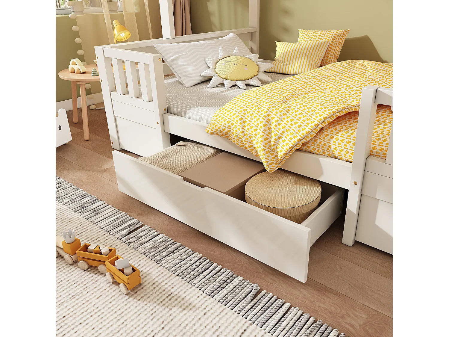 Etagenbett 90x200cm + 140x200cm - mit Tafel - mit 1 Schublade und einer Treppe mit Stauraum - Massivholz + MDF - Weiß + Natur