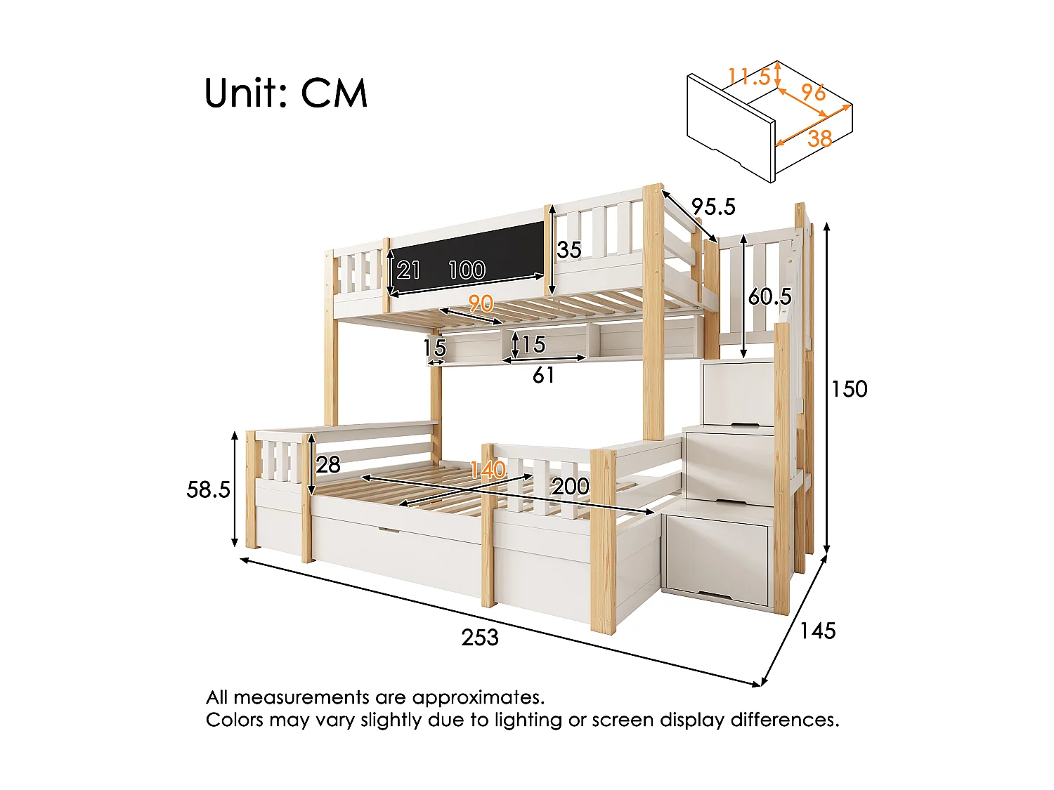 Etagenbett 90x200cm + 140x200cm - mit Tafel - mit 1 Schublade und einer Treppe mit Stauraum - Massivholz + MDF - Weiß + Natur