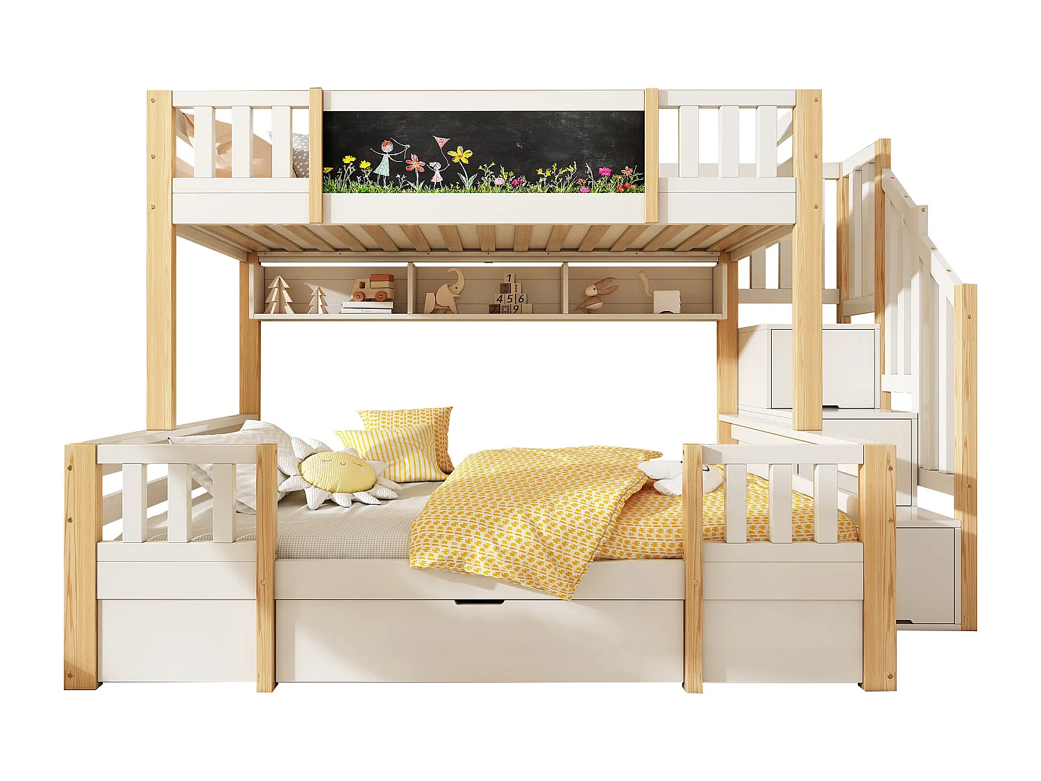 Etagenbett 90x200cm + 140x200cm - mit Tafel - mit 1 Schublade und einer Treppe mit Stauraum - Massivholz + MDF - Weiß + Natur