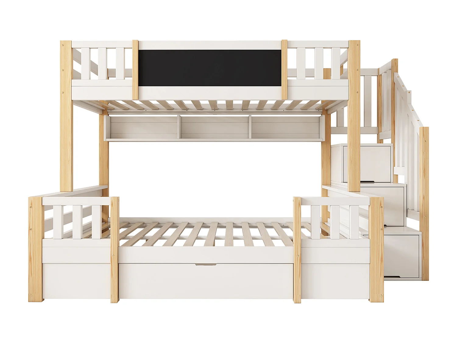 Etagenbett 90x200cm + 140x200cm - mit Tafel - mit 1 Schublade und einer Treppe mit Stauraum - Massivholz + MDF - Weiß + Natur