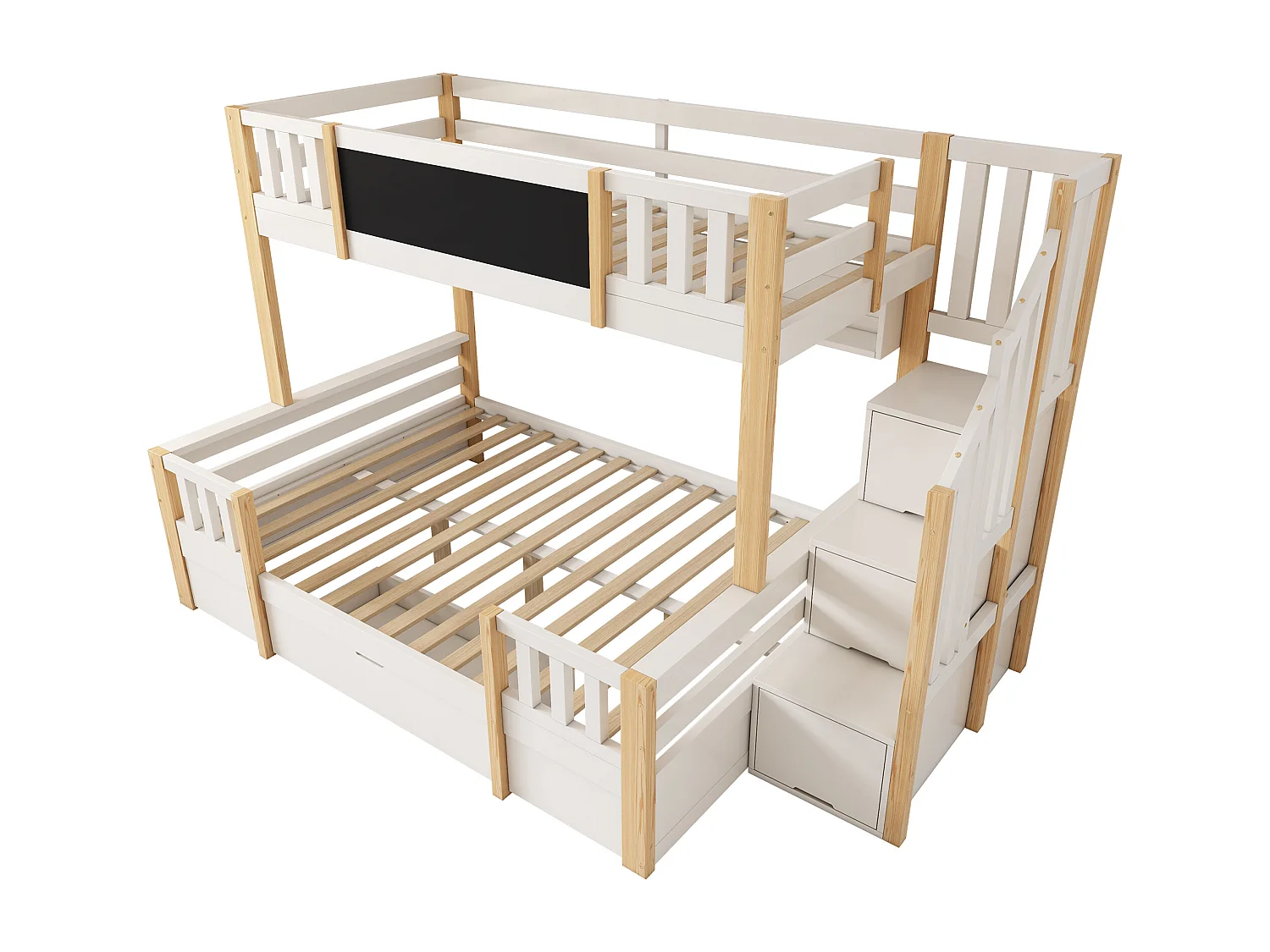 Etagenbett 90x200cm + 140x200cm - mit Tafel - mit 1 Schublade und einer Treppe mit Stauraum - Massivholz + MDF - Weiß + Natur