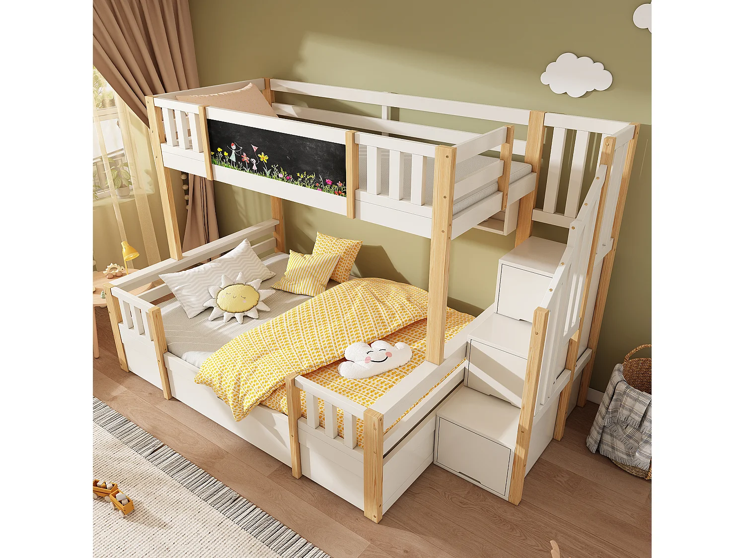 Letto a castello 90x200cm + 140x200cm - con lavagna - con 1 cassetto e una scala con ripostiglio - Legno massello + MDF - Bianco + Naturale