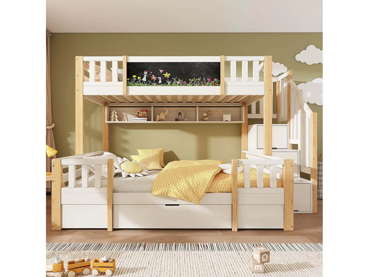 Letto a castello 90x200cm + 140x200cm - con lavagna - con 1 cassetto e una scala con ripostiglio - Legno massello + MDF - Bianco + Naturale