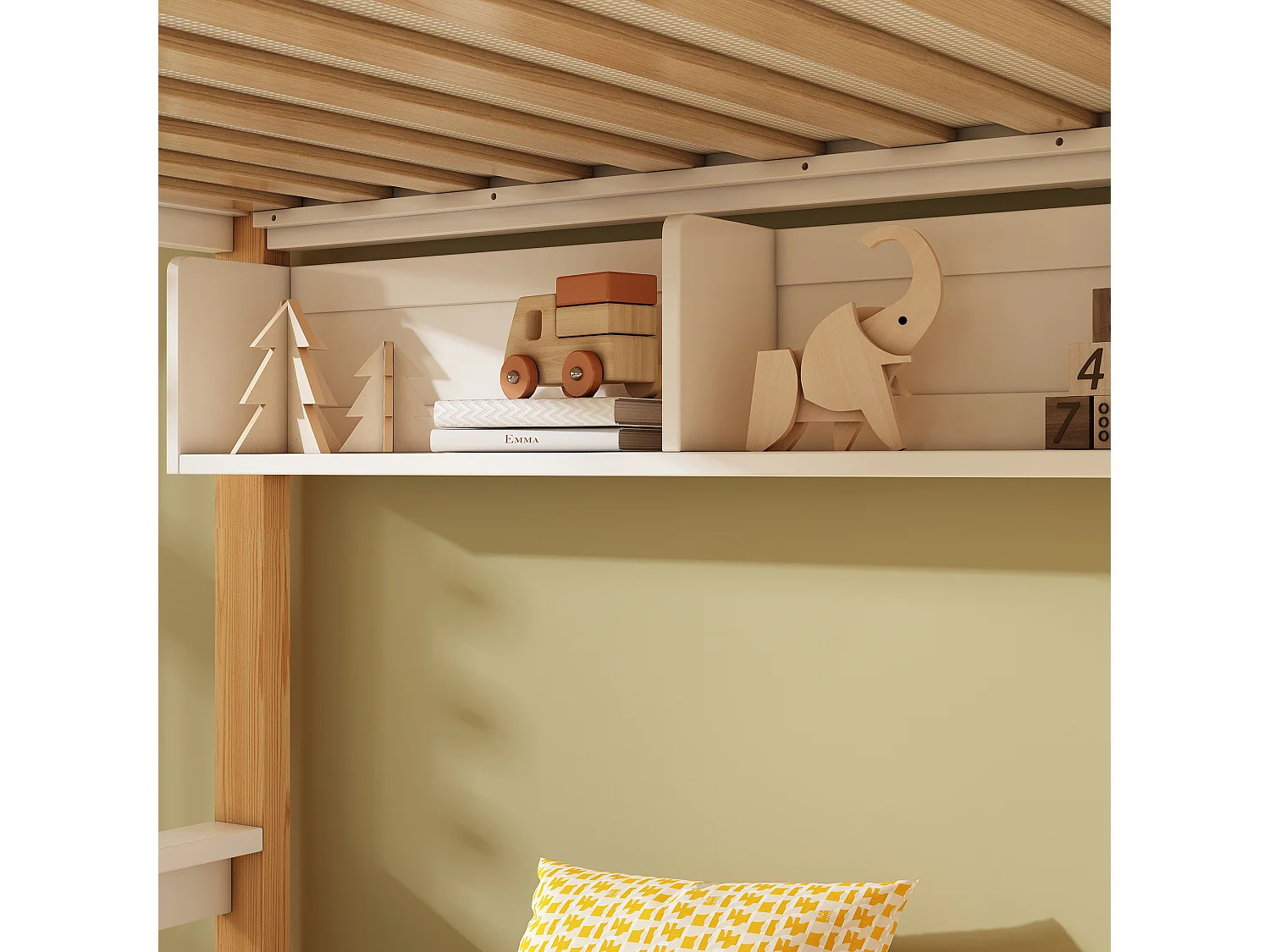 Letto a castello 90x200cm + 140x200cm - con lavagna - con 1 cassetto e una scala con ripostiglio - Legno massello + MDF - Bianco + Naturale