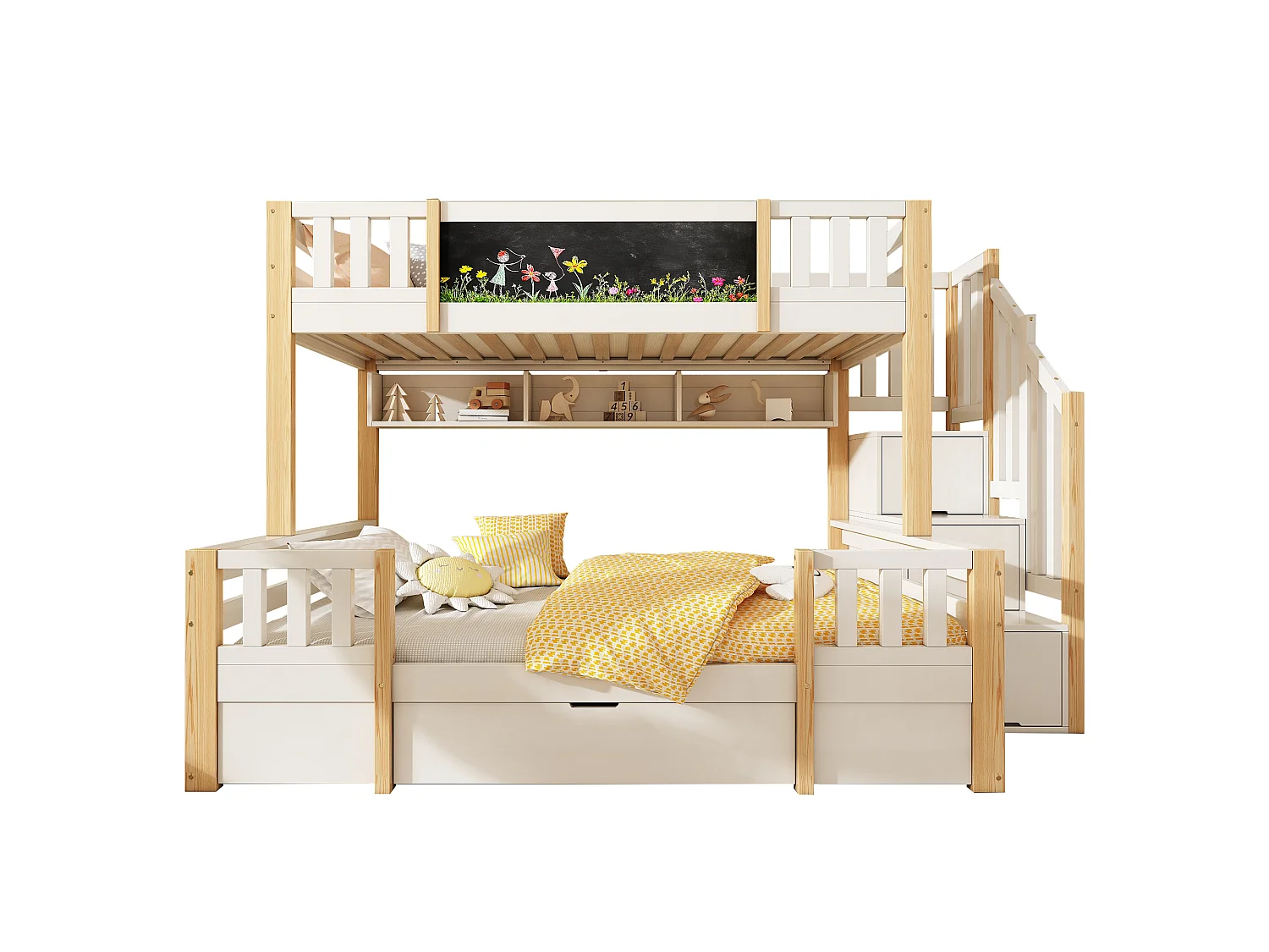 Letto a castello 90x200cm + 140x200cm - con lavagna - con 1 cassetto e una scala con ripostiglio - Legno massello + MDF - Bianco + Naturale