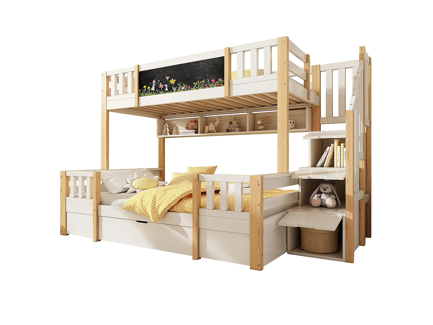Letto a castello 90x200cm + 140x200cm - con lavagna - con 1 cassetto e una scala con ripostiglio - Legno massello + MDF - Bianco + Naturale