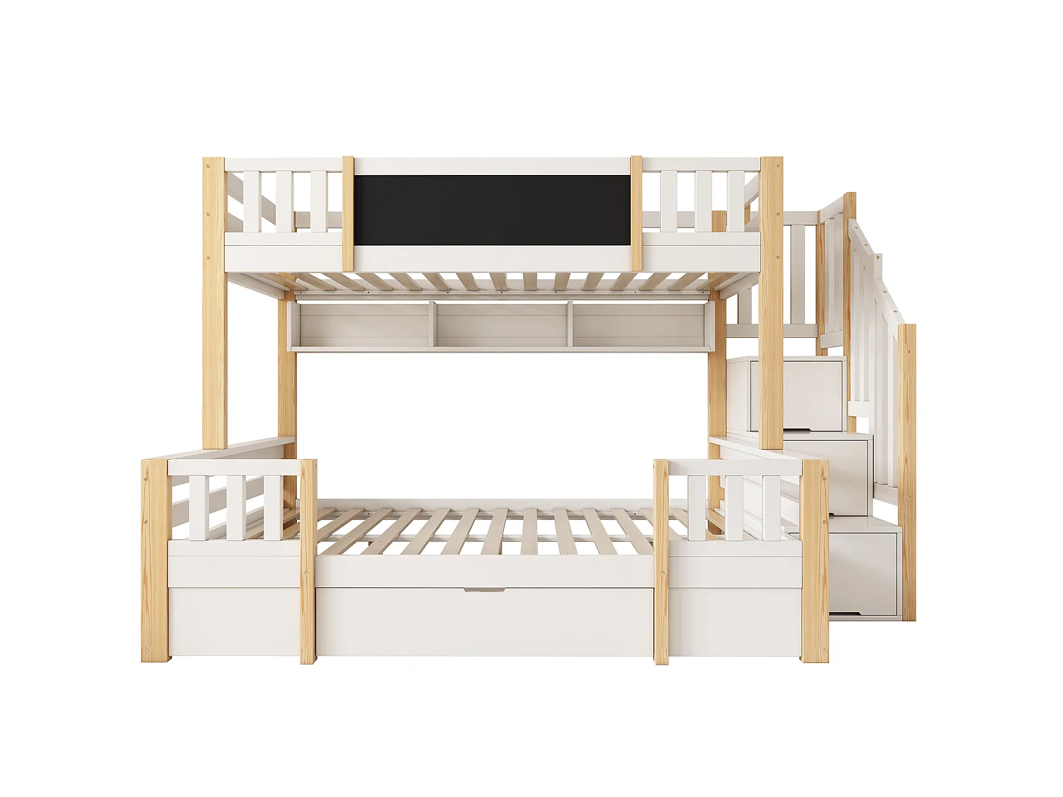 Letto a castello 90x200cm + 140x200cm - con lavagna - con 1 cassetto e una scala con ripostiglio - Legno massello + MDF - Bianco + Naturale