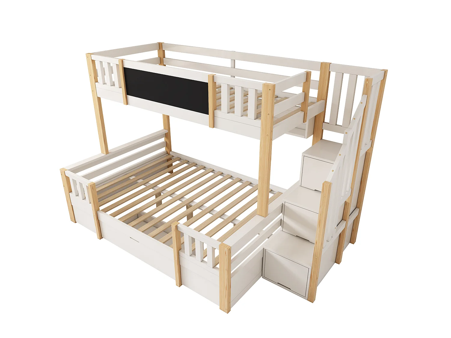 Letto a castello 90x200cm + 140x200cm - con lavagna - con 1 cassetto e una scala con ripostiglio - Legno massello + MDF - Bianco + Naturale