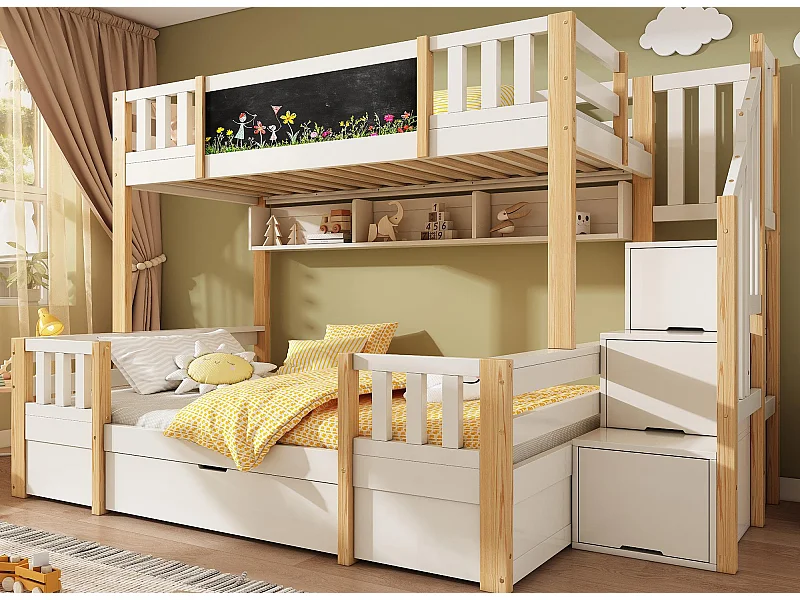 Etagenbett 90x200cm + 140x200cm - mit Tafel - mit 1 Schublade und einer Treppe mit Stauraum - Massivholz + MDF - Weiß + Natur