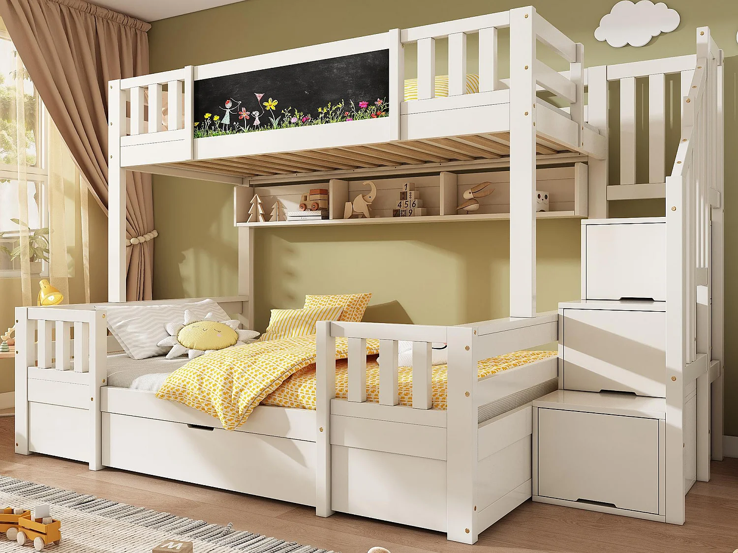 Etagenbett 90x200cm + 140x200cm - mit Tafel - mit 1 Schublade und einer Treppe mit Stauraum - Massivholz + MDF - Weiß