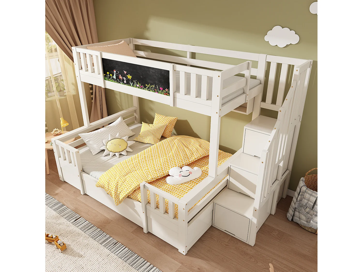 Etagenbett 90x200cm + 140x200cm - mit Tafel - mit 1 Schublade und einer Treppe mit Stauraum - Massivholz + MDF - Weiß