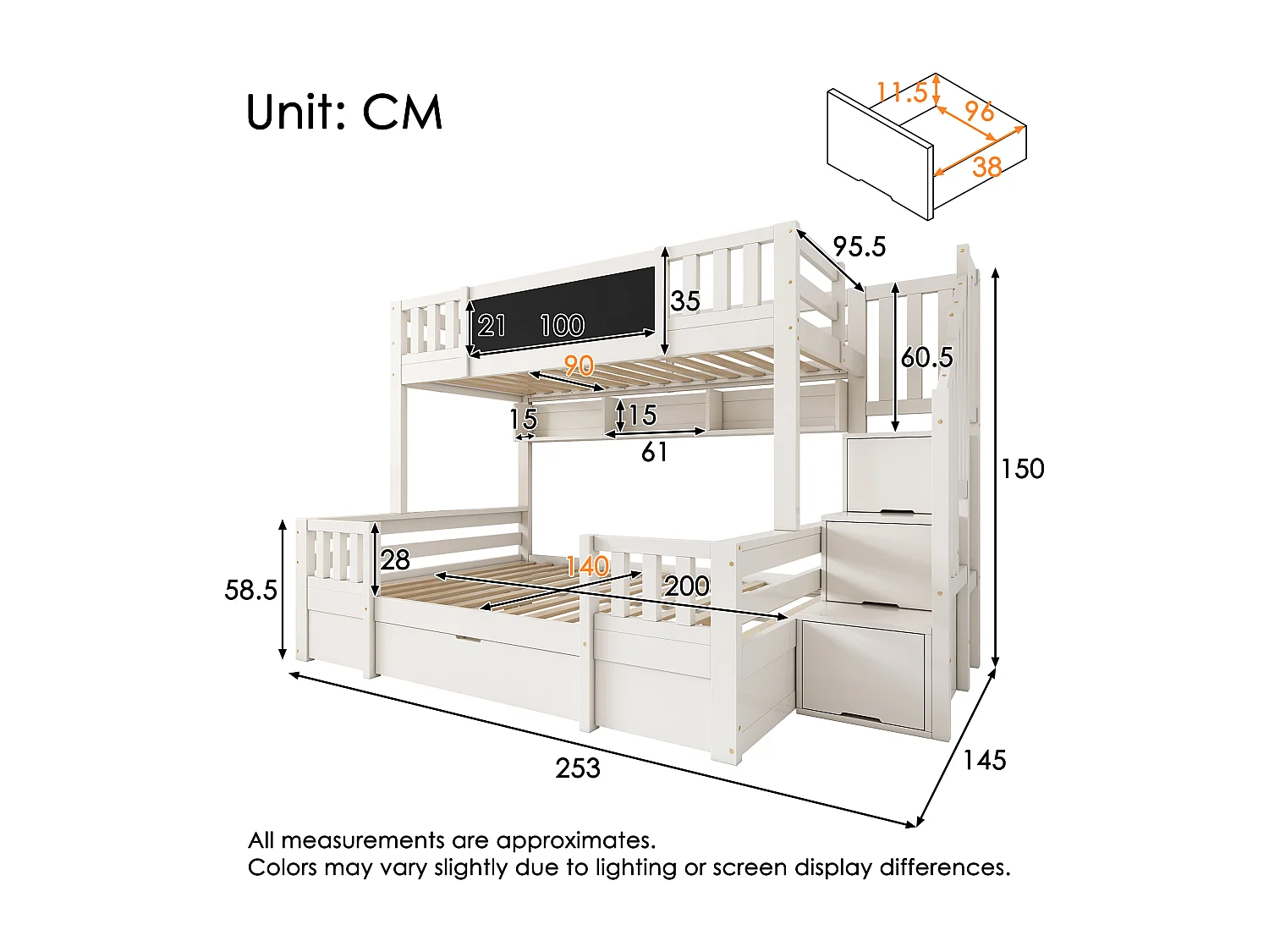 Etagenbett 90x200cm + 140x200cm - mit Tafel - mit 1 Schublade und einer Treppe mit Stauraum - Massivholz + MDF - Weiß