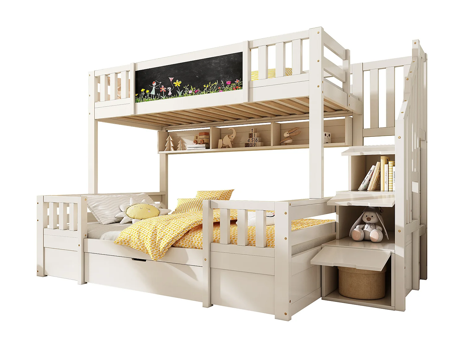 Etagenbett 90x200cm + 140x200cm - mit Tafel - mit 1 Schublade und einer Treppe mit Stauraum - Massivholz + MDF - Weiß