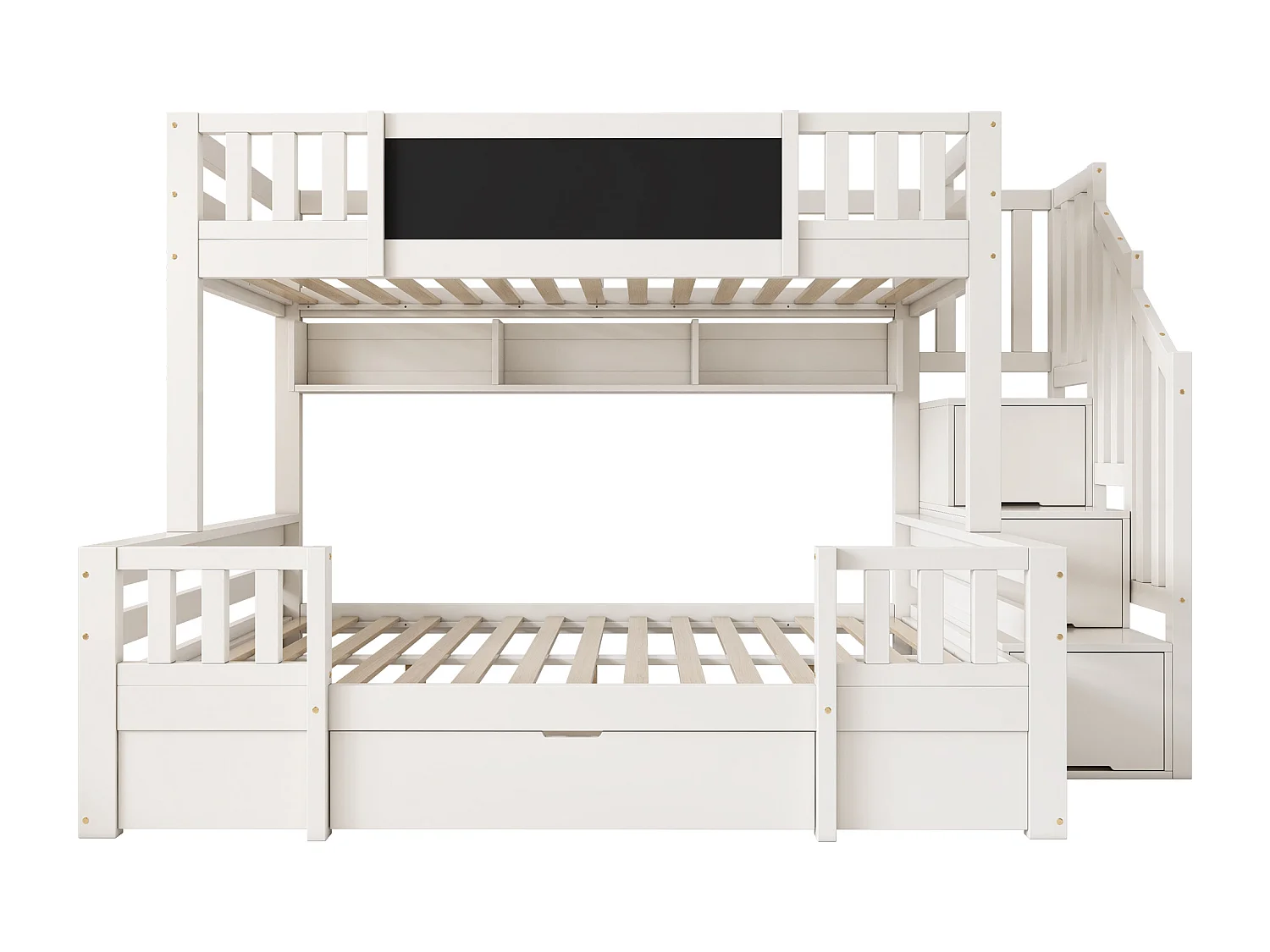 Etagenbett 90x200cm + 140x200cm - mit Tafel - mit 1 Schublade und einer Treppe mit Stauraum - Massivholz + MDF - Weiß