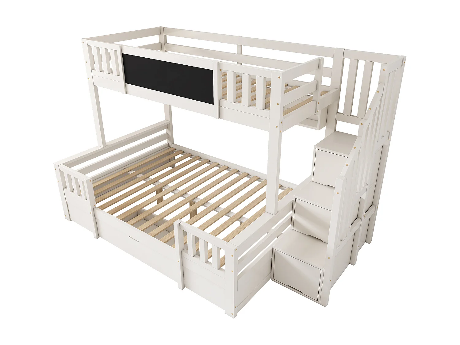 Etagenbett 90x200cm + 140x200cm - mit Tafel - mit 1 Schublade und einer Treppe mit Stauraum - Massivholz + MDF - Weiß