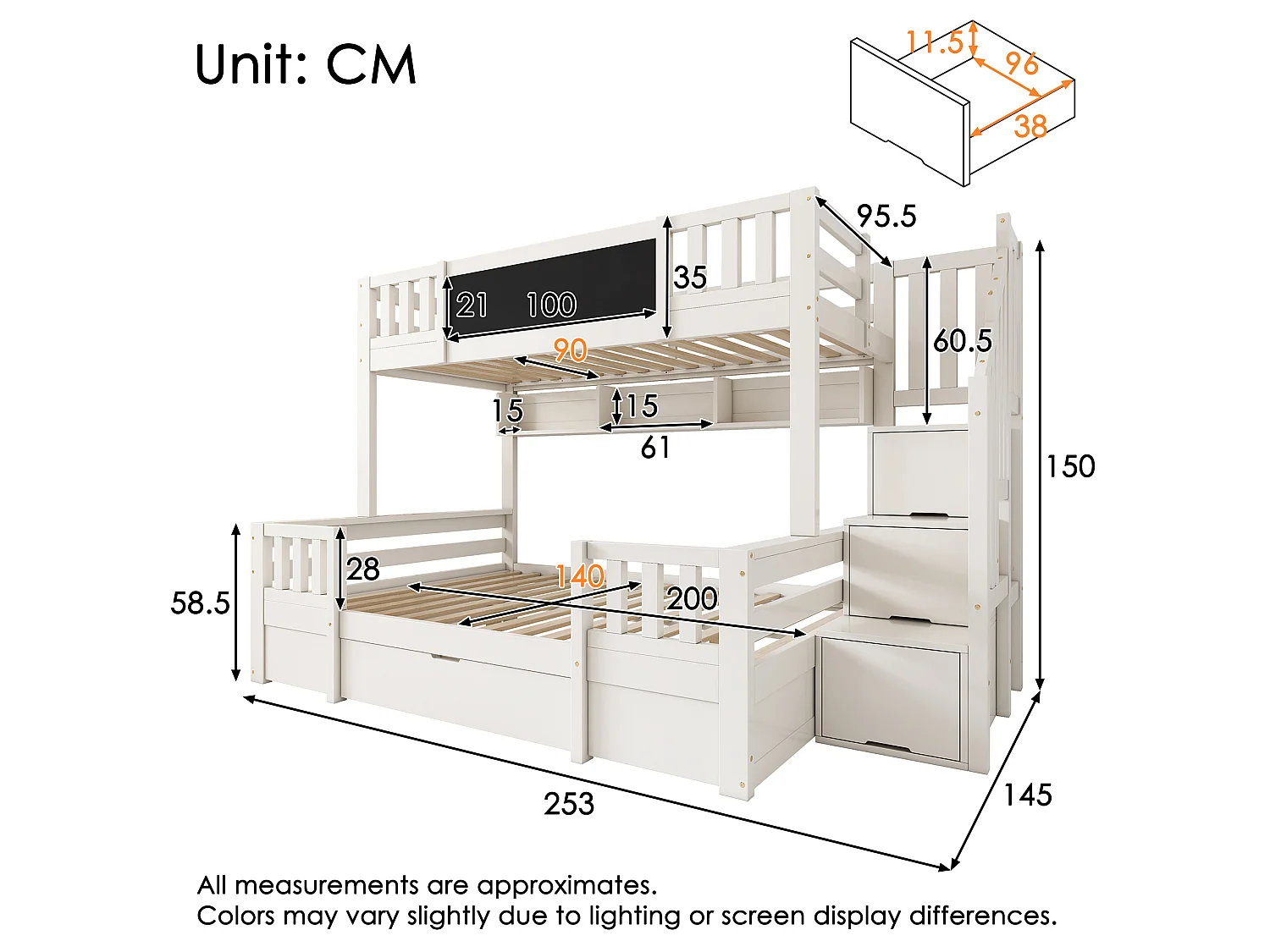 Stapelbed 90x200cm + 140x200cm - met schoolbord - met 1 lade en een trap met opbergruimte - Massief hout + MDF - Wit