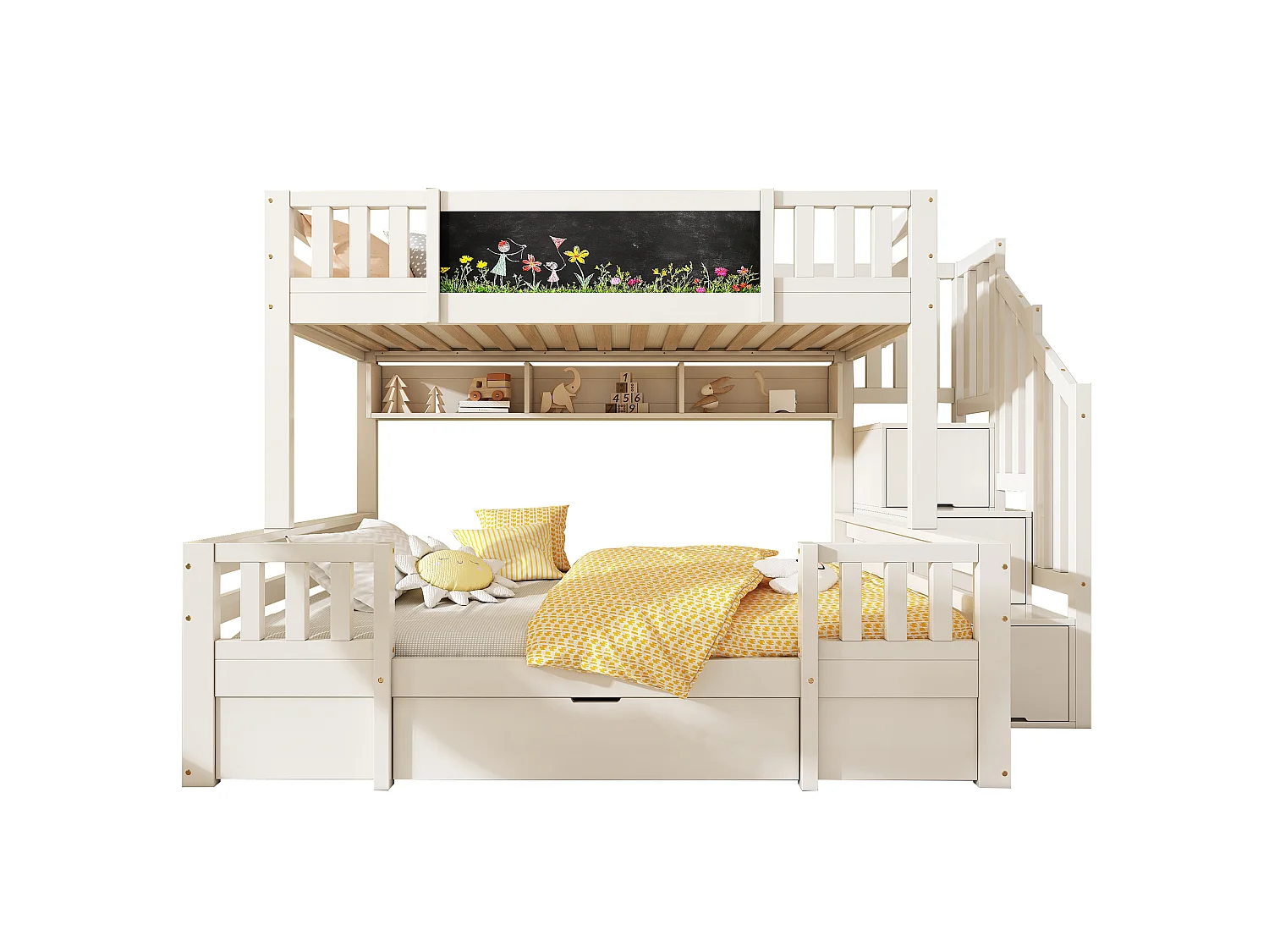 Stapelbed 90x200cm + 140x200cm - met schoolbord - met 1 lade en een trap met opbergruimte - Massief hout + MDF - Wit