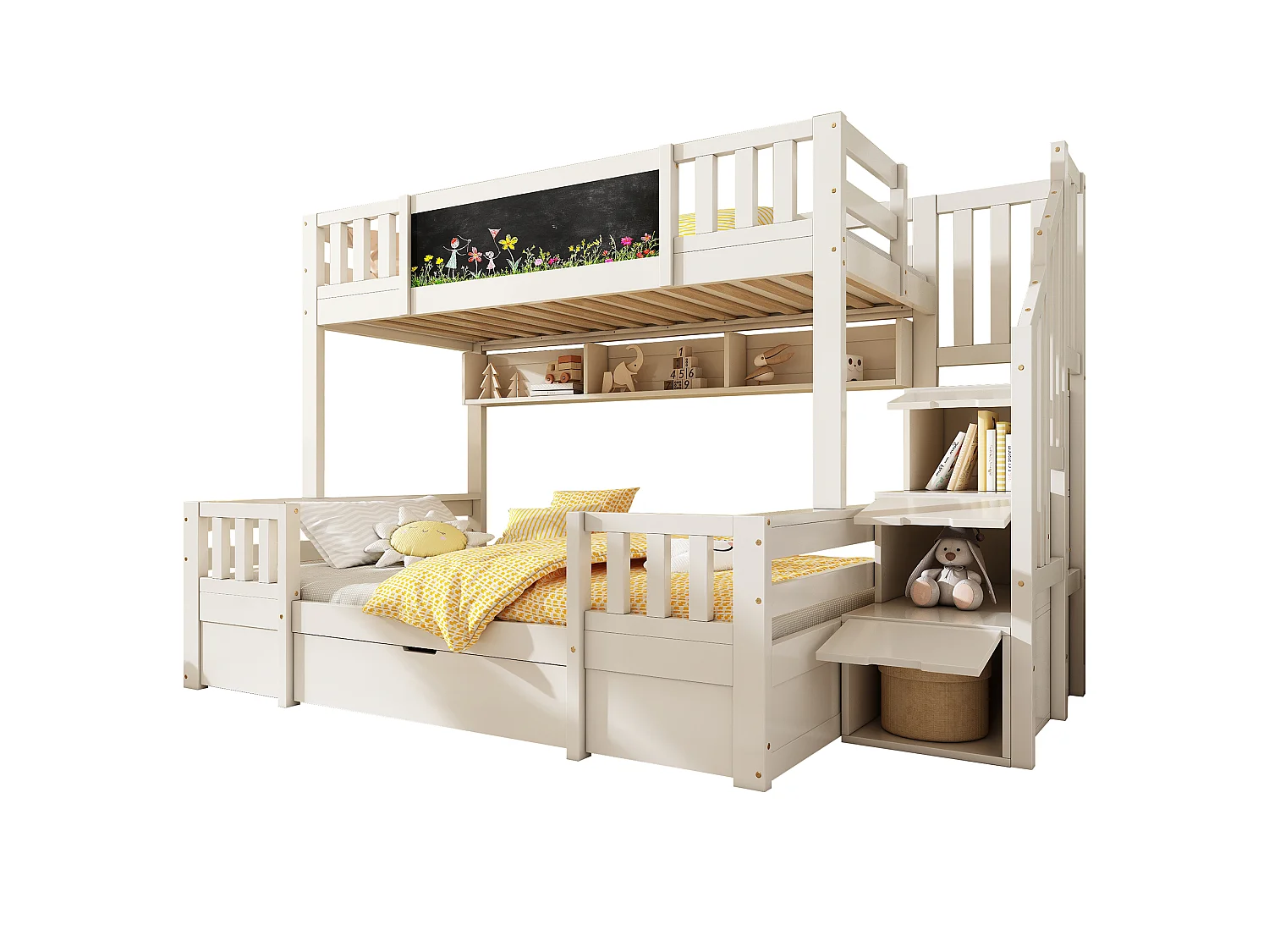 Stapelbed 90x200cm + 140x200cm - met schoolbord - met 1 lade en een trap met opbergruimte - Massief hout + MDF - Wit
