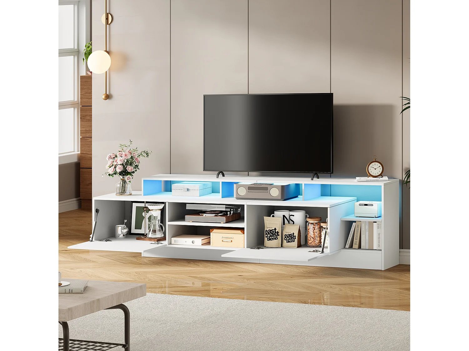 Meuble TV 190x40x48,5 cm - avec éclairage LED - 2 portes abattantes - Espace de rangement ouvert - Finition brillante - Blanc