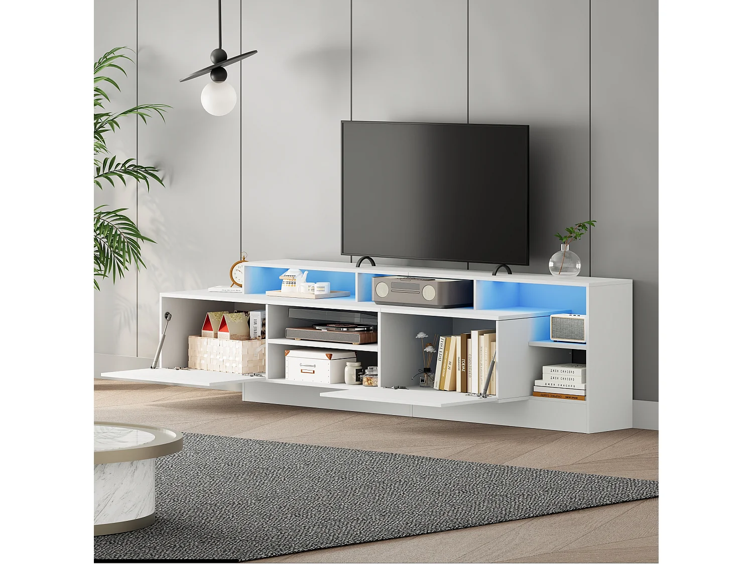Meuble TV 190x40x48,5 cm - avec éclairage LED - 2 portes abattantes - Espace de rangement ouvert - Finition brillante - Blanc