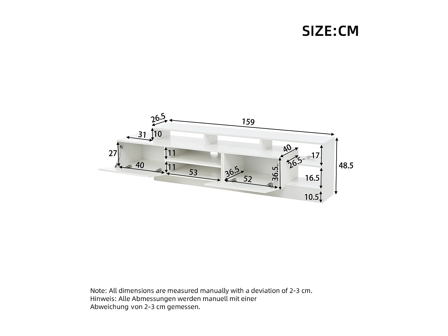 Meuble TV 190x40x48,5 cm - avec éclairage LED - 2 portes abattantes - Espace de rangement ouvert - Finition brillante - Blanc