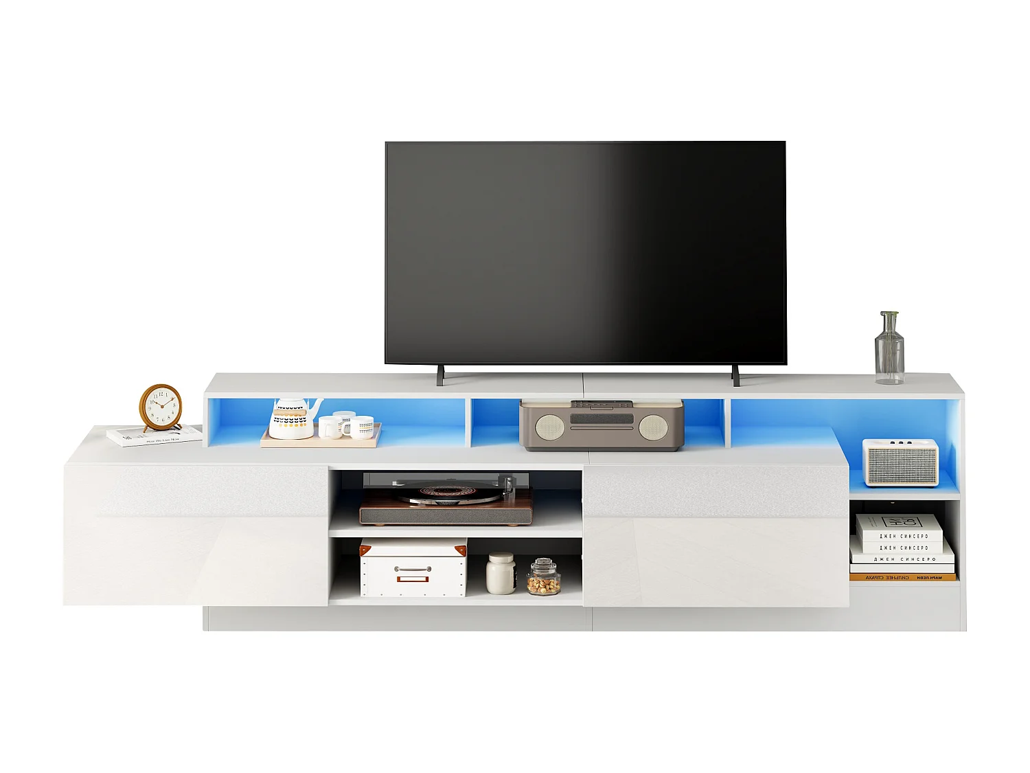 Meuble TV 190x40x48,5 cm - avec éclairage LED - 2 portes abattantes - Espace de rangement ouvert - Finition brillante - Blanc