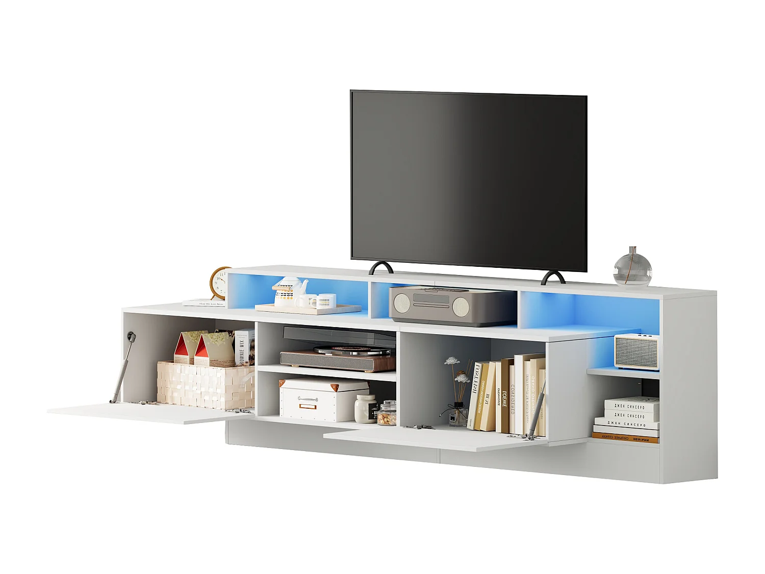 Meuble TV 190x40x48,5 cm - avec éclairage LED - 2 portes abattantes - Espace de rangement ouvert - Finition brillante - Blanc