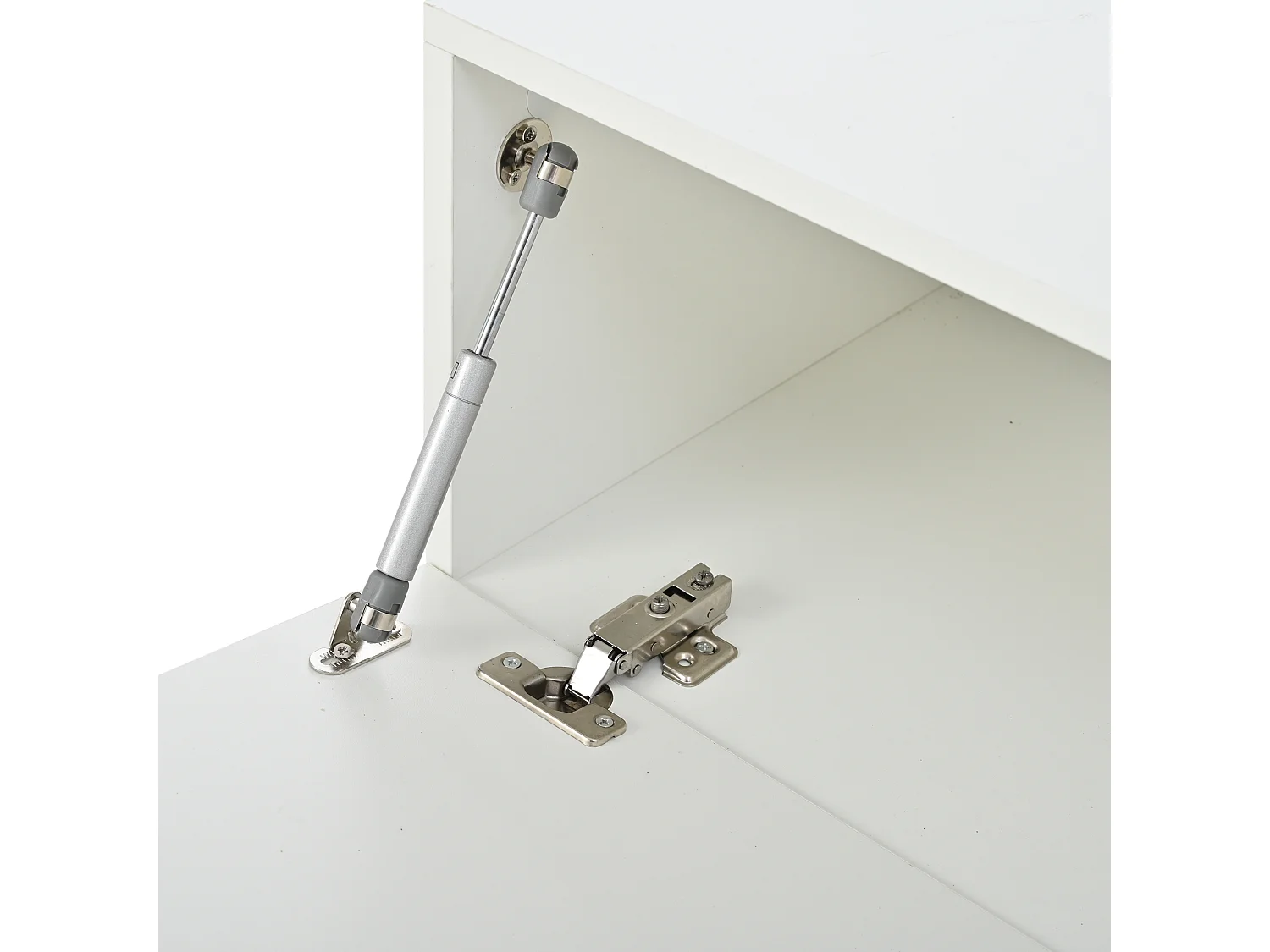 Meuble TV 190x40x48,5 cm - avec éclairage LED - 2 portes abattantes - Espace de rangement ouvert - Finition brillante - Blanc