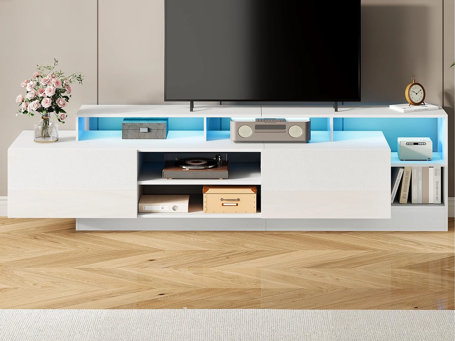 Mueble para TV 190x40x48,5 cm - con iluminación LED - 2 puertas abatibles - Espacio de almacenamiento abierto - Acabado brillante - Blanco