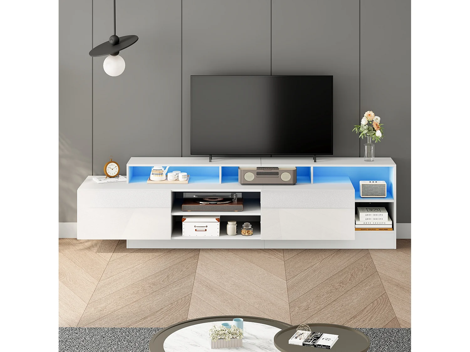 Mueble para TV 190x40x48,5 cm - con iluminación LED - 2 puertas abatibles - Espacio de almacenamiento abierto - Acabado brillante - Blanco