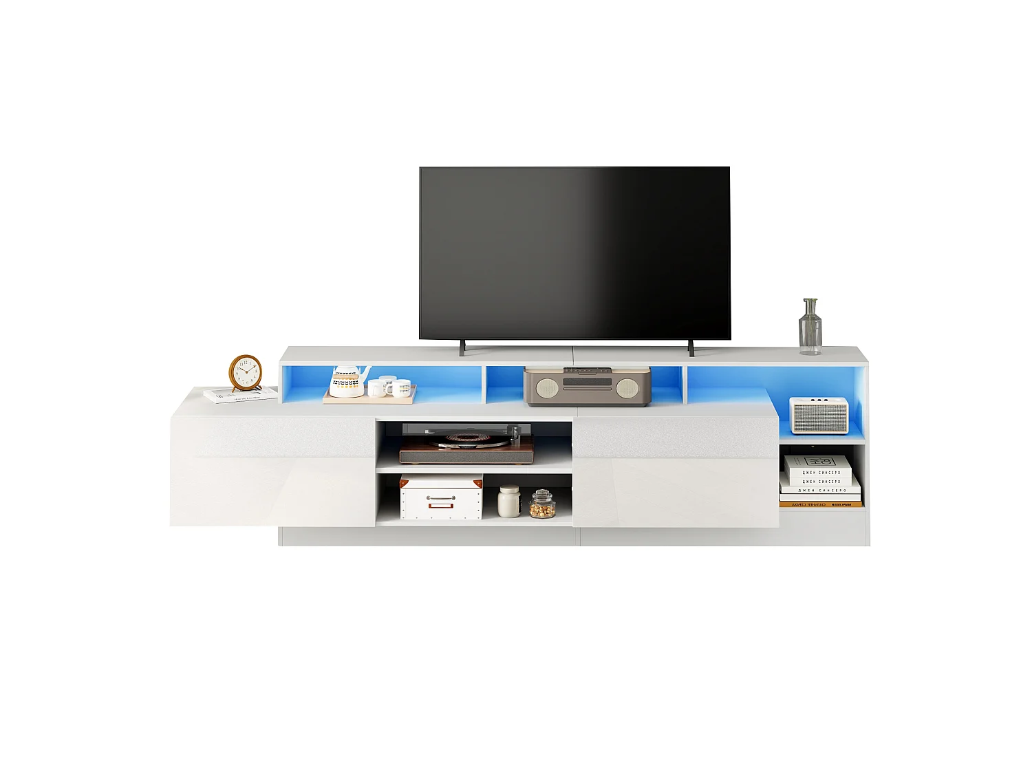 Mueble para TV 190x40x48,5 cm - con iluminación LED - 2 puertas abatibles - Espacio de almacenamiento abierto - Acabado brillante - Blanco