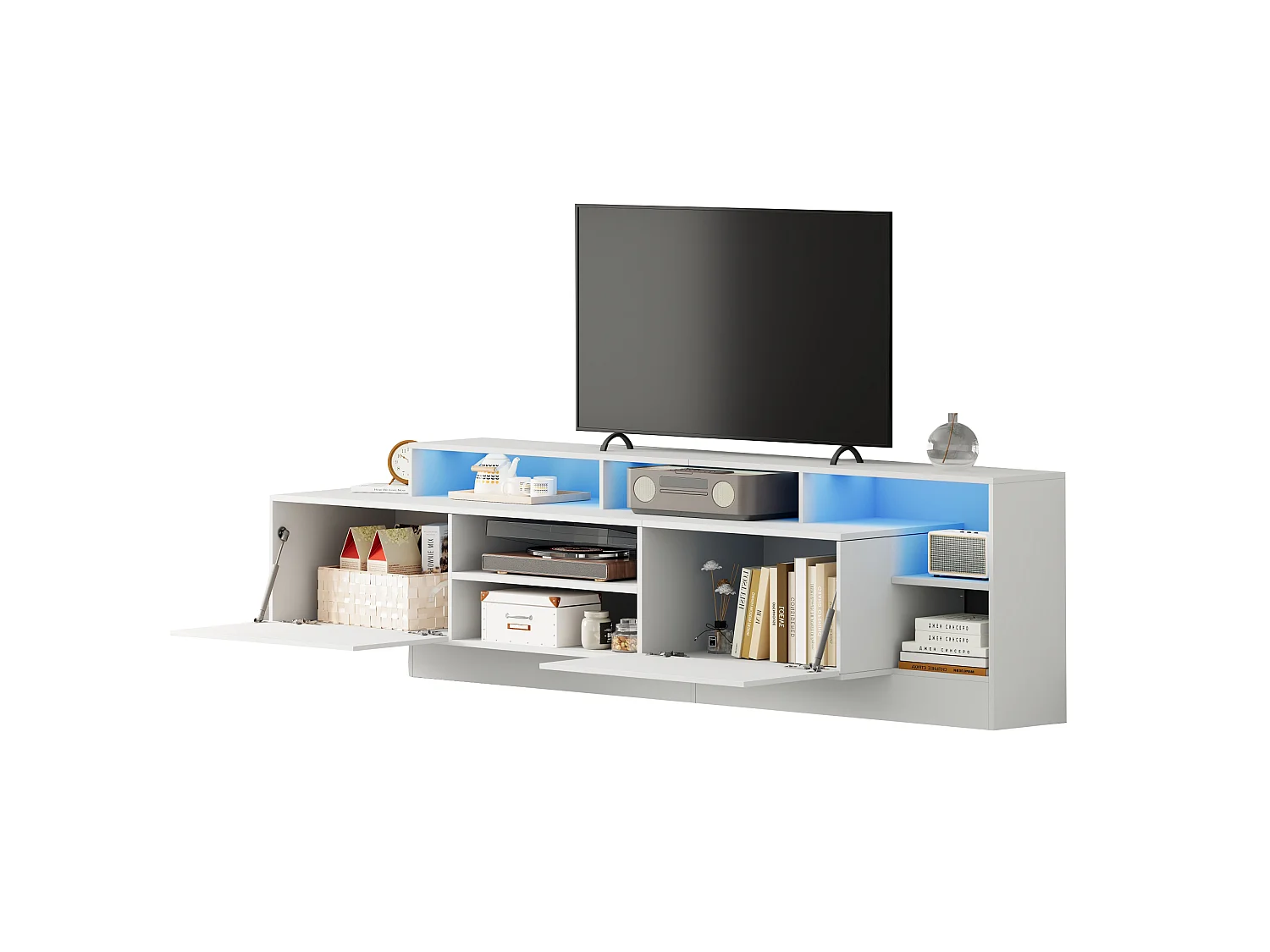 Mueble para TV 190x40x48,5 cm - con iluminación LED - 2 puertas abatibles - Espacio de almacenamiento abierto - Acabado brillante - Blanco