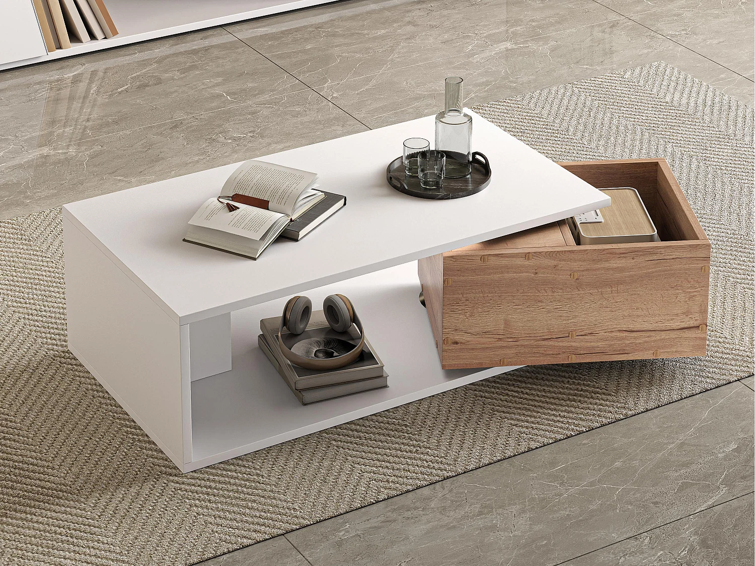 Couchtisch 90x50x30 cm - 1 Schublade - 360° drehbar - Offener Stauraum - MDF - Weiß + Natur