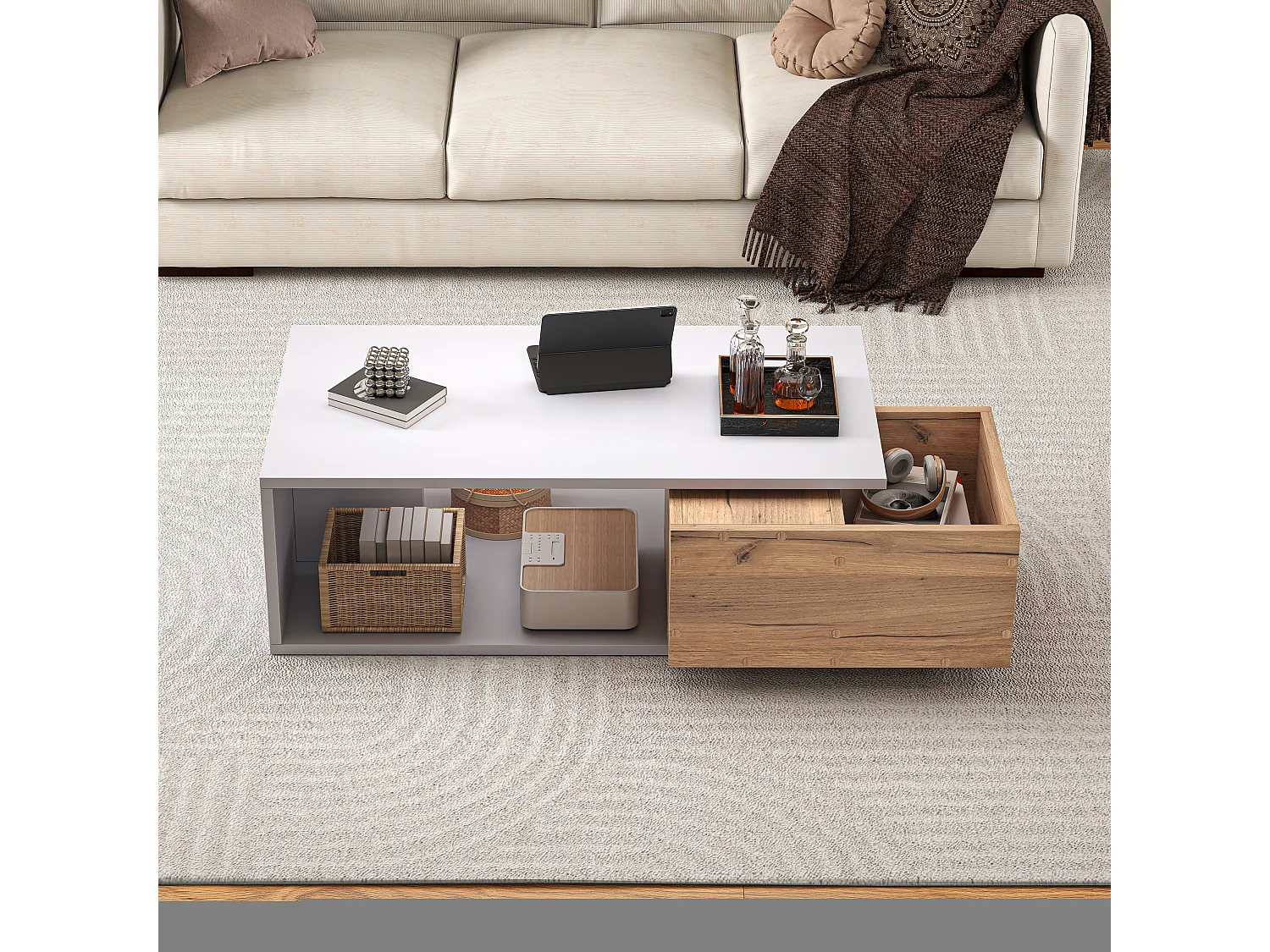 Couchtisch 90x50x30 cm - 1 Schublade - 360° drehbar - Offener Stauraum - MDF - Weiß + Natur